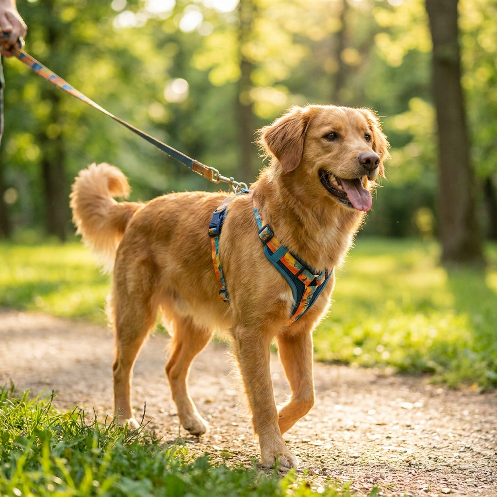 Dog wearing adjustable harness in park