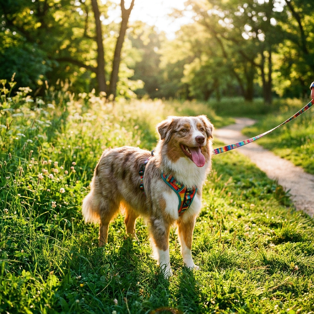 Dog wearing no-pull harness on outdoor walk