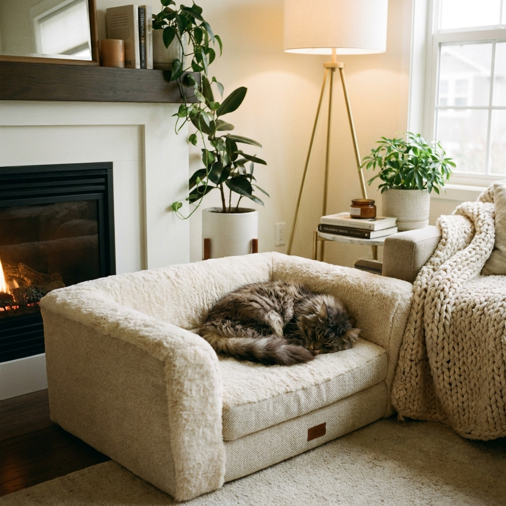 Fluffy cat sleeping in cozy plush pet bed