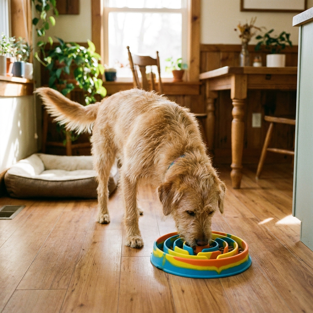 Dog eating from colorful slow feeder bowl