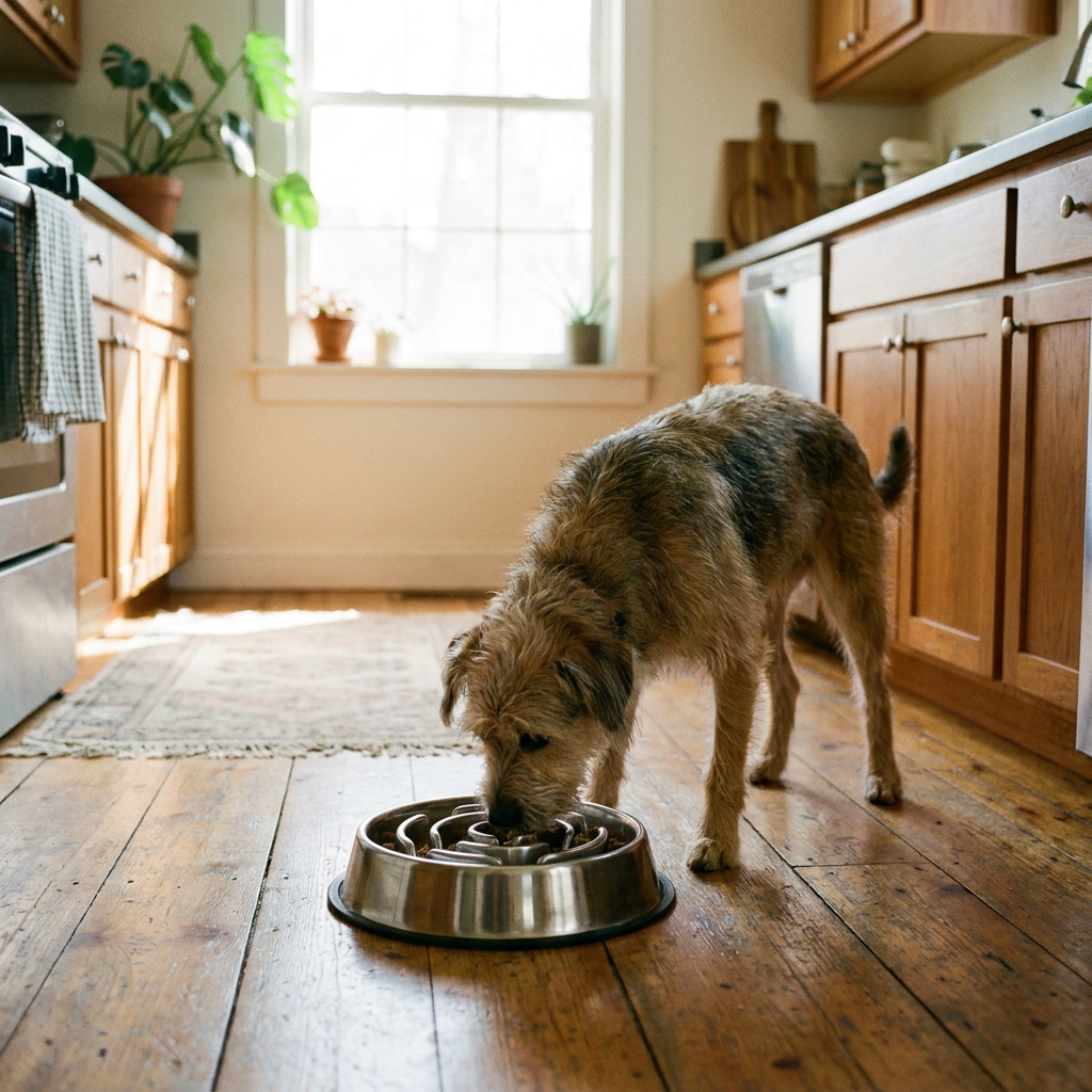 Dog eating from stainless steel slow feeder bowl