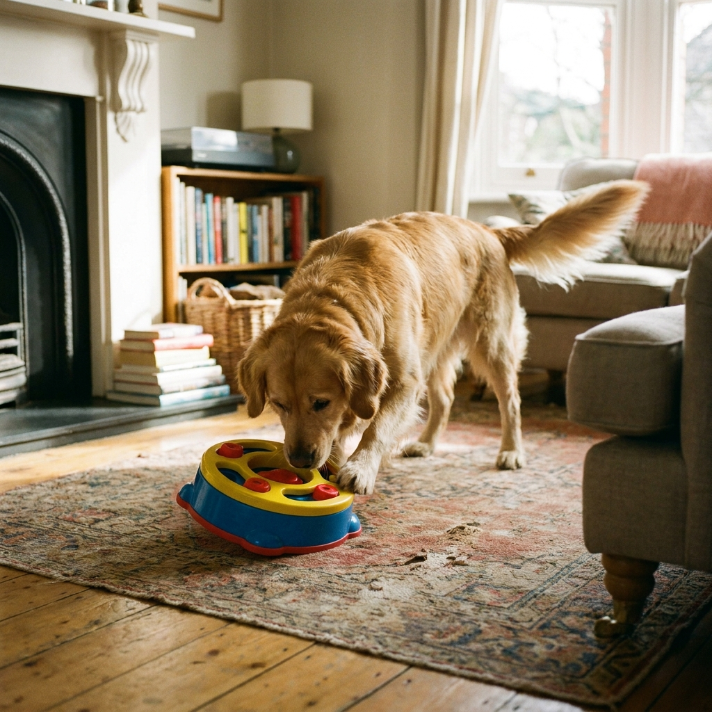 Dog playing with puzzle feeding bowl