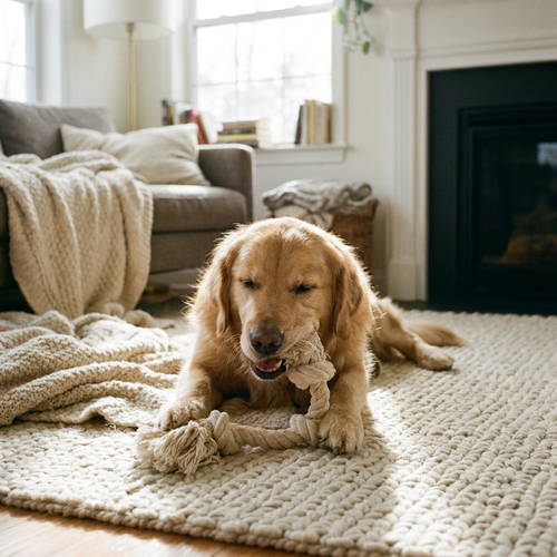 Dog chewing dental rope toy on living room rug
