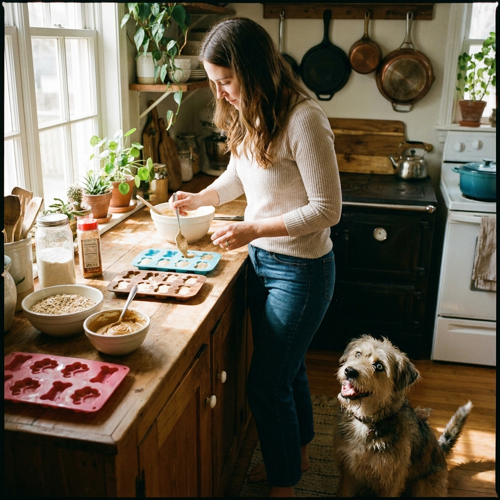 Person baking homemade dog treats with silicone molds
