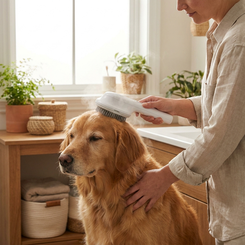 Person grooming fluffy dog with electric steam brush