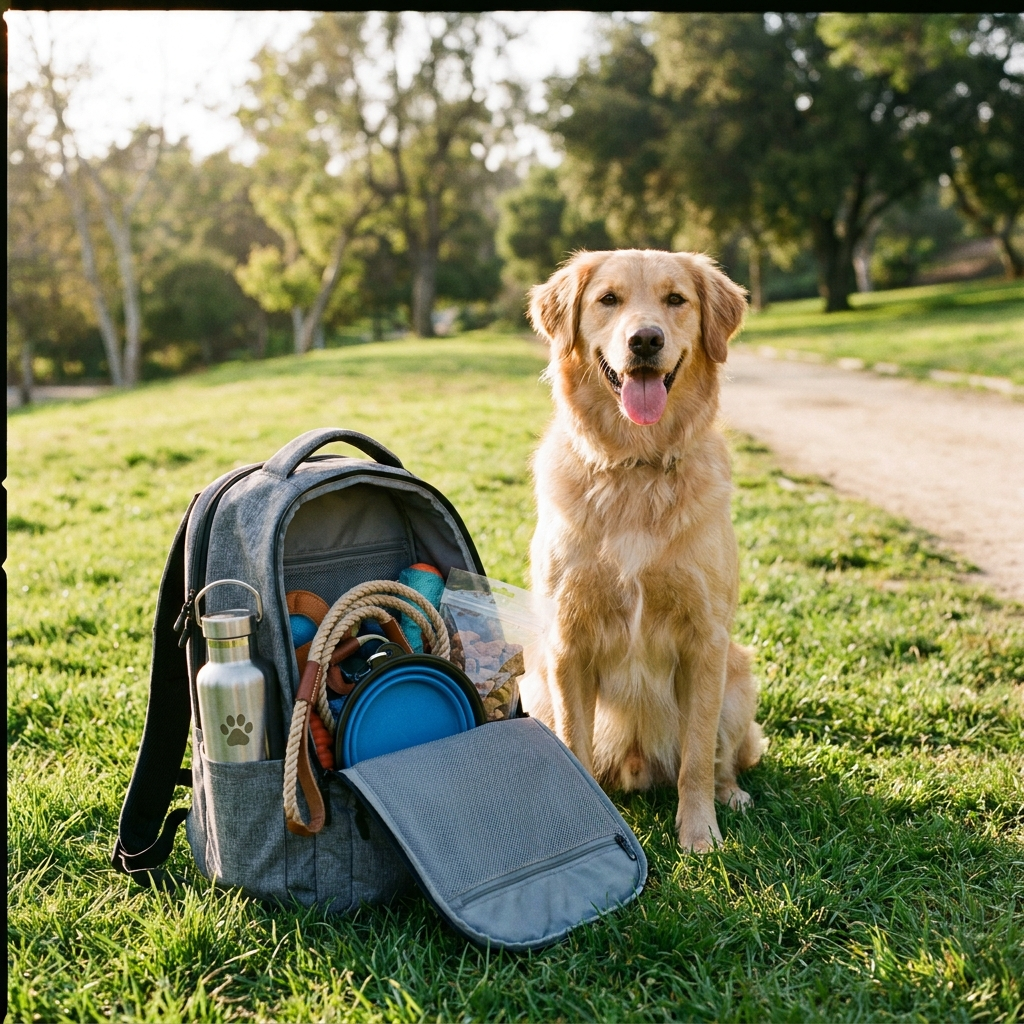 Dog sitting next to open travel backpack with pet accessories